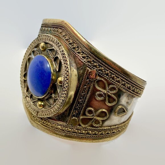 Vintage Bracelet Afghan: Middle Eastern Cuff Silver Brass Mixed Metal - Picture 4 of 5